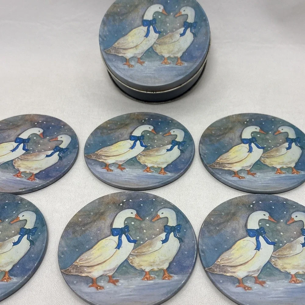 Vtg 90s Goose Blue Bow Winter Geese Ribbon Coaster Set Tin Set of 6 Cottagecore